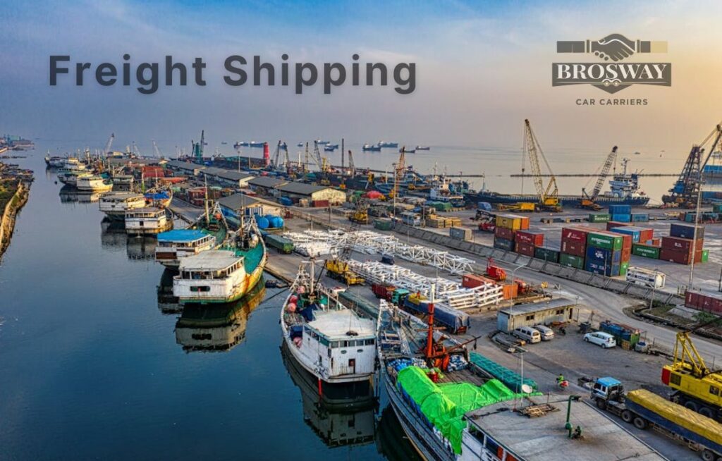 "Freight Shipping" text and shipping harbor in the background