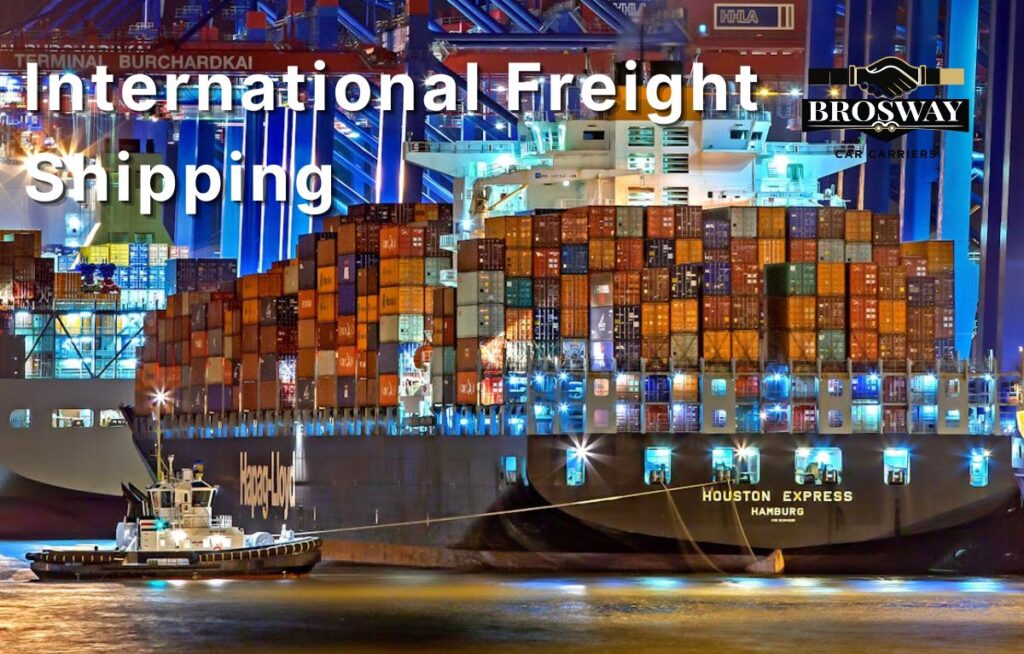 Cargo ship in background with text "international freight shipping"